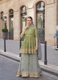 Outstanding Olive Green Embroidered Pure Shimar Sharara Suit - women's fashion mart