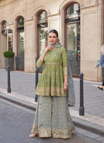 Outstanding Olive Green Embroidered Pure Shimar Sharara Suit - women's fashion mart