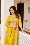 Yellow Embroidered Georgette Crop Top And Palazzo Set - women's fashion mart