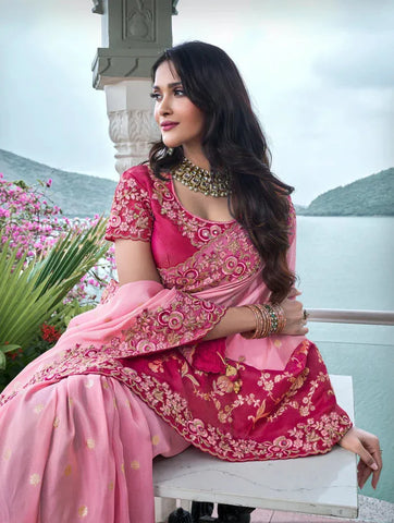 Gorgeous Pink Ombre Style Tissue Silk Heavy Embroidered Saree - women's fashion mart