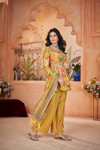 Mesmerizing Floral Printed Yellow  Silk Salwar Kameez - women's fashion mart