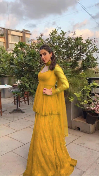 Stunning Fully Embroidery Work Yellow Color Sharara Suit  women's fashion mart