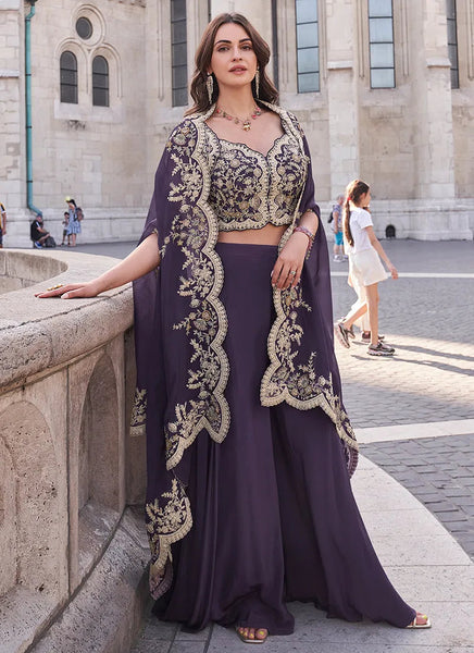 Purple Embroidered Jacket Style Designer Palazzo Suit - women's fashion mart