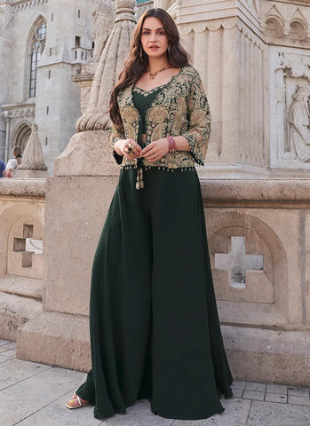 Dark Green Embroidered Jacket Style Designer Palazzo Suit - women's fashion mart
