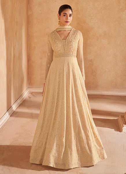 Fabulous Golden Beige Embroidered Designer Anarkali Gown - women's fashion mart