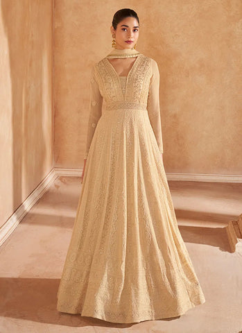Fabulous Golden Beige Embroidered Designer Anarkali Gown - women's fashion mart