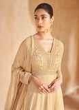 Fabulous Golden Beige Embroidered Designer Anarkali Gown - women's fashion mart