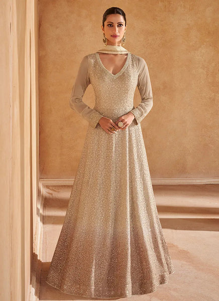 Elegant Beige Ombre Embroidered Designer Anarkali Gown - women's fashion mart
