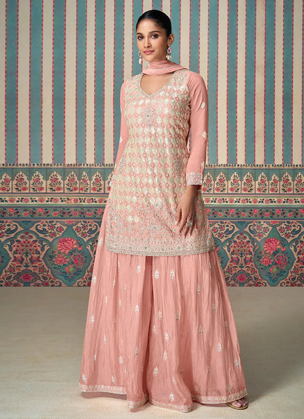 Blazing Blush Pink Embroidered Chinon Sharara Suit - women's fashion mart
