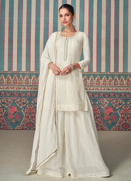 Exquisite Pearl White Embroidered Chinon Sharara Suit - women's fashion mart
