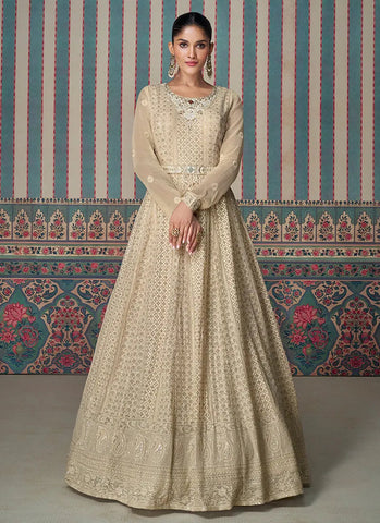 Brilliant Beige Chikankari Embroidered Anarkali Gown - women's fashion mart