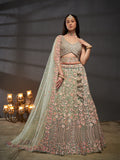 Multi Sequins Embroidered Net Semi-Stitched Bridal Lehenga choli  women's fashion mart