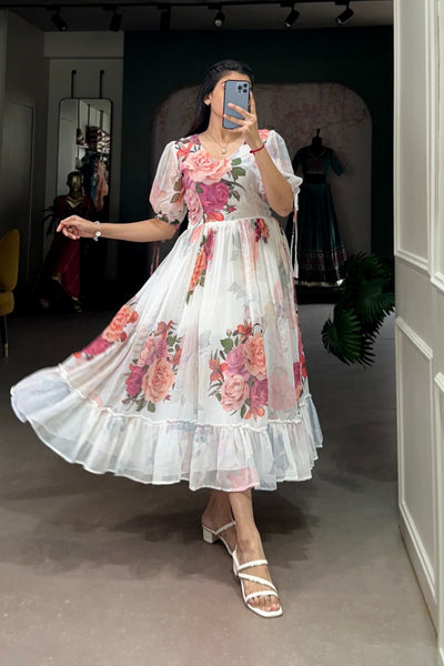 White Floral Printed Georgette Dress - women's fashion mart
