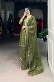 Olive Green Gold Coin Sequins Tread Embroidery Work Ethnic Dress
