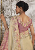 Cream And Pink Heavy Embroidered Designer Silk Saree