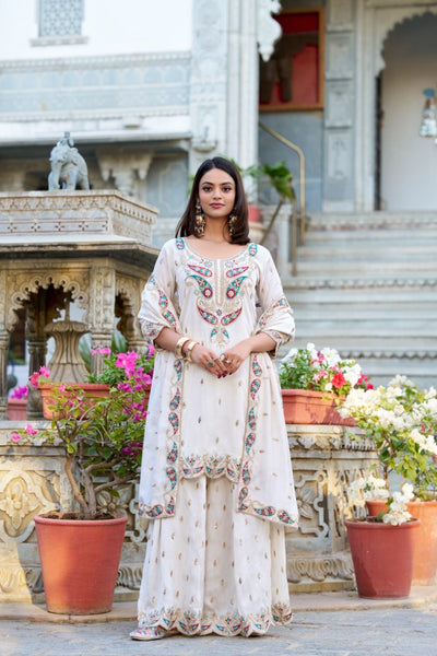 White Sequins And Thread Embroidery Work Sharara Set Of 3 - women's fashion mart