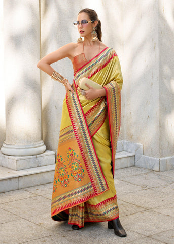 Delight Yellow Tissue Banarasi Silk Saree with Contrast Border