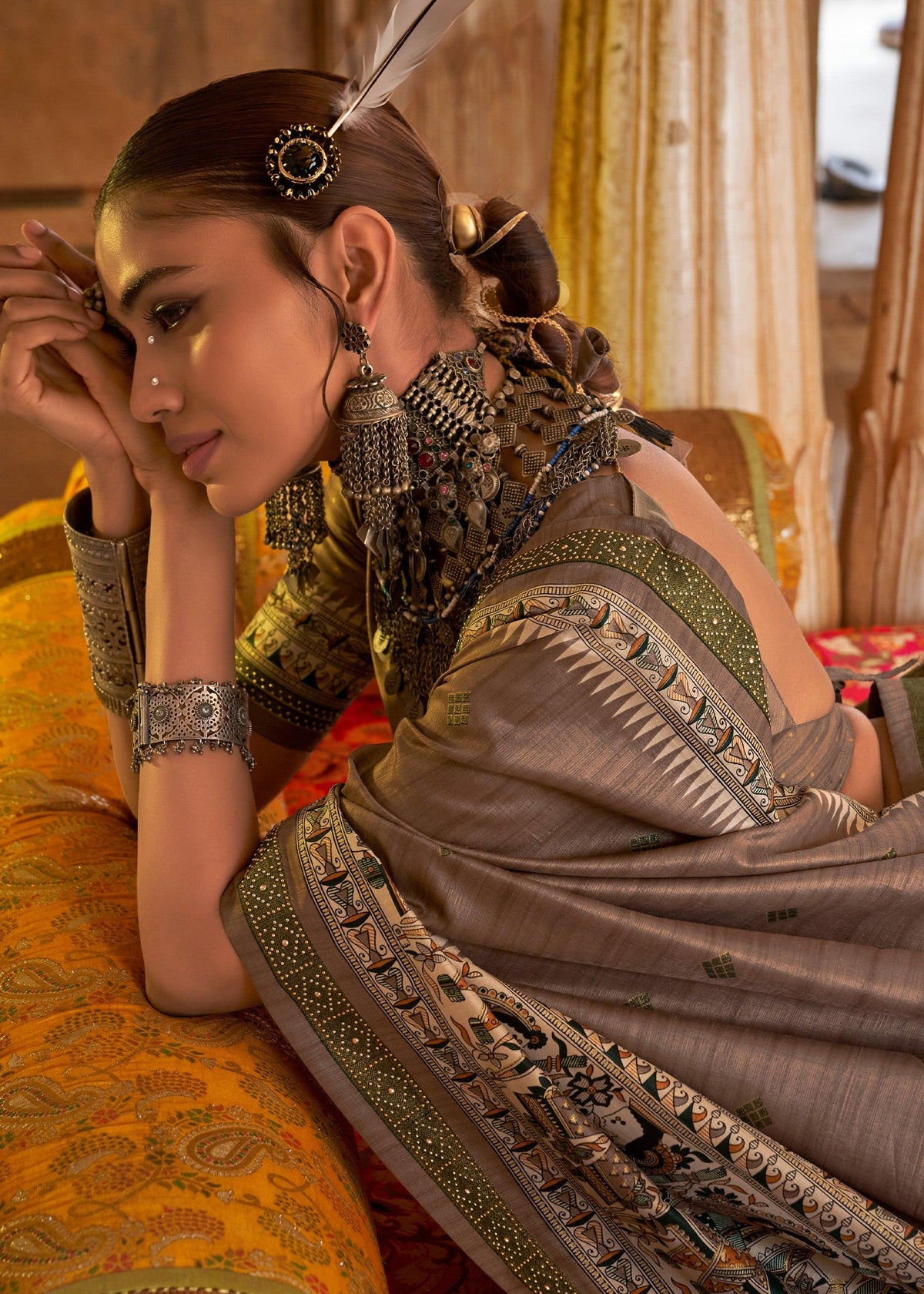 Fossil Grey Madhubani Printed Saree