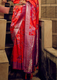 Bright Red Woven Satin Silk Banarasi Saree With Brocade Blouse