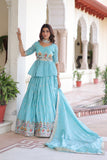 Gold Crush Embroidered Lehenga Set With Peplum Blouse And Heavy Sequins Dupatta