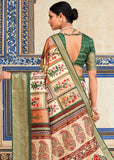 Cream And Green Woven Banarasi Printed Soft Silk Saree