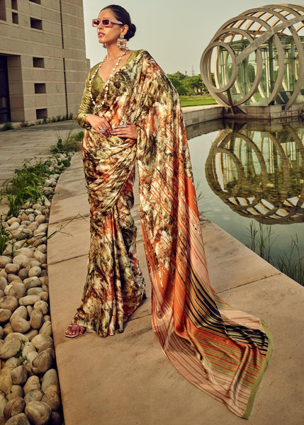 Mehndi Green Satin Crepe Printed Silk Saree