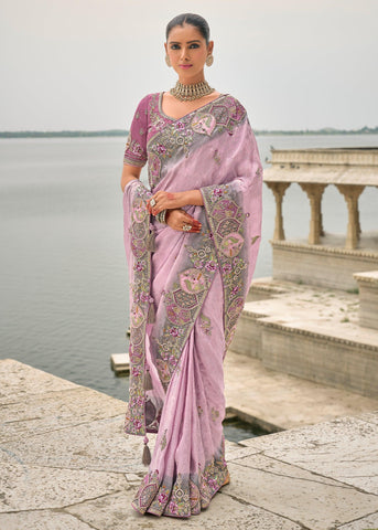 Lavender Purple Designer Embroidered Silk Saree
