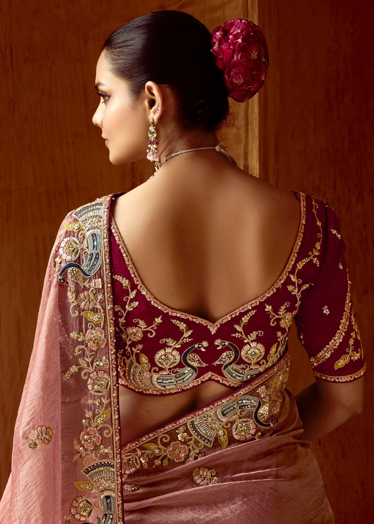 Mauve Brown Heavy Embroidered Designer Silk Saree