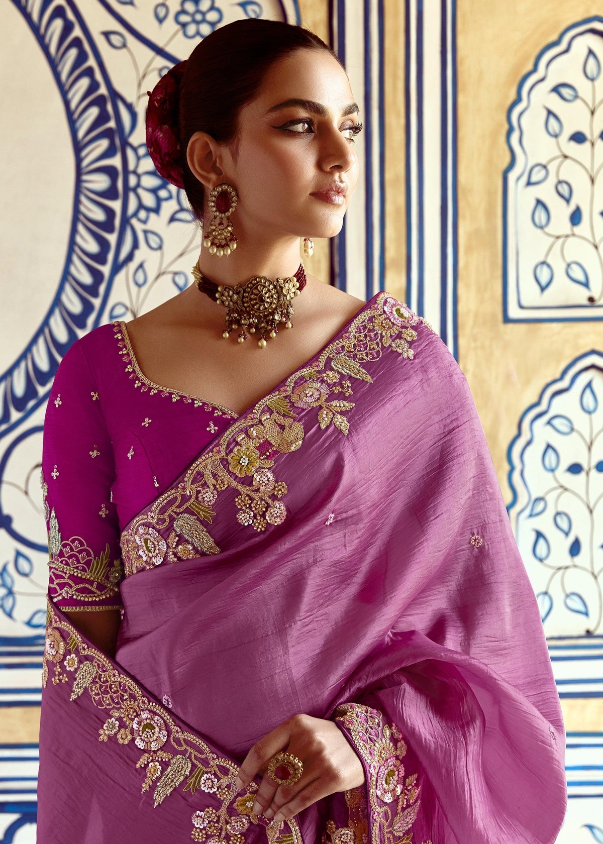 Striking Purple Heavy Embroidered Designer Silk Saree