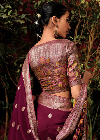 Wine Maroon Woven Banarasi Silk Saree With Brocade Blouse