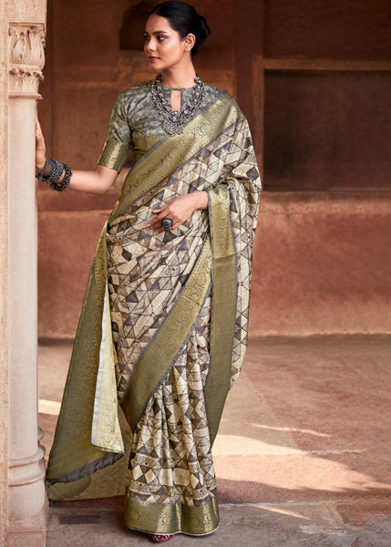Cream And Grey Banarasi Soft Silk Saree With Digital Print