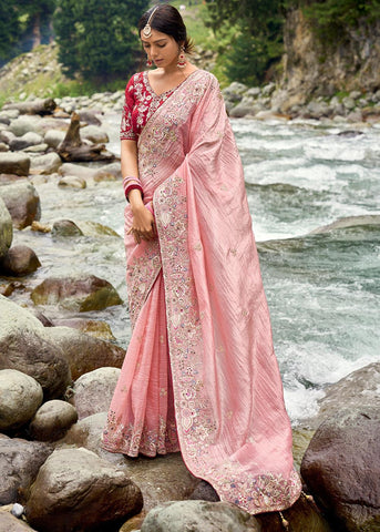 Delight Pink Designer Embroidered Silk Saree