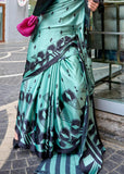Aqua Blue Printed Satin Silk Saree
