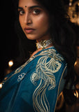 Coral Blue Heavy Embroidered Designer Silk Saree With contrast Blouse