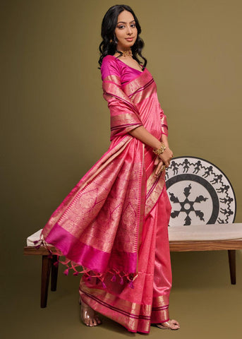 Blush Pink Woven Banarasi Soft Silk Saree