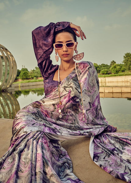 Magic Purple Satin Crepe Printed Silk Saree