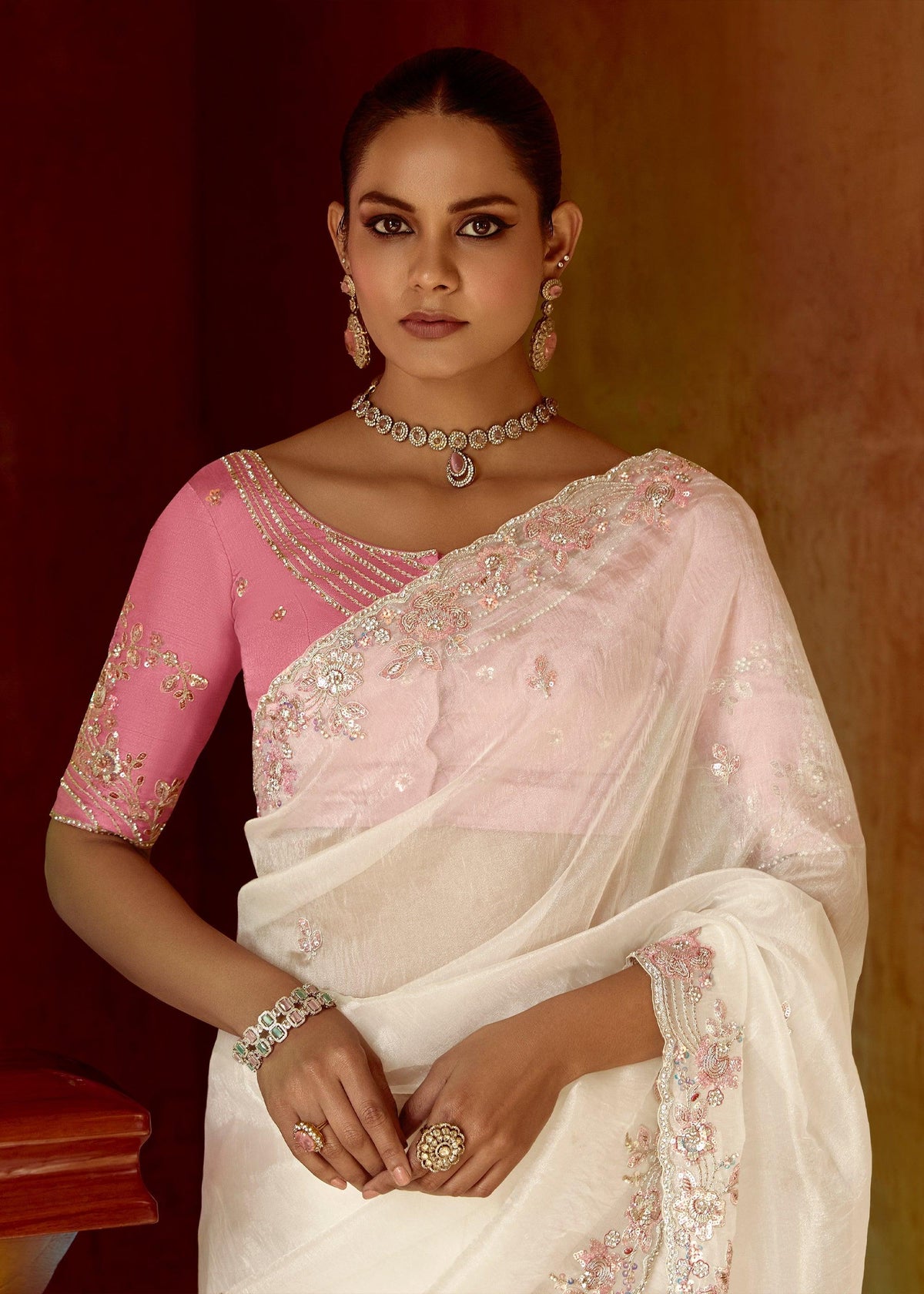 Snow White Heavy Embroidered Designer Silk Saree