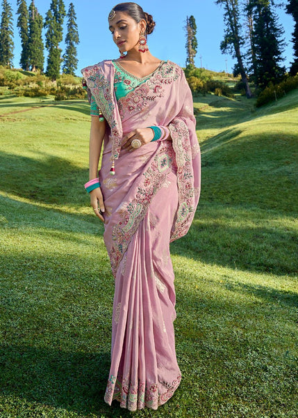 Dusky Pink Designer Embroidered Silk Saree