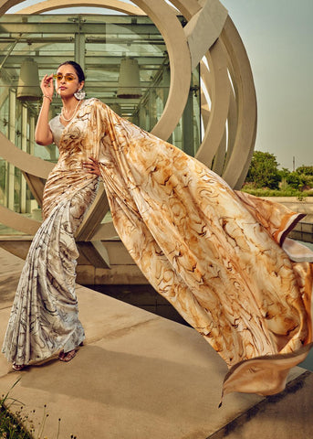 Off White Satin Crepe Printed Silk Saree