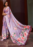 Lavender Purple Floral Printed Satin Silk Saree