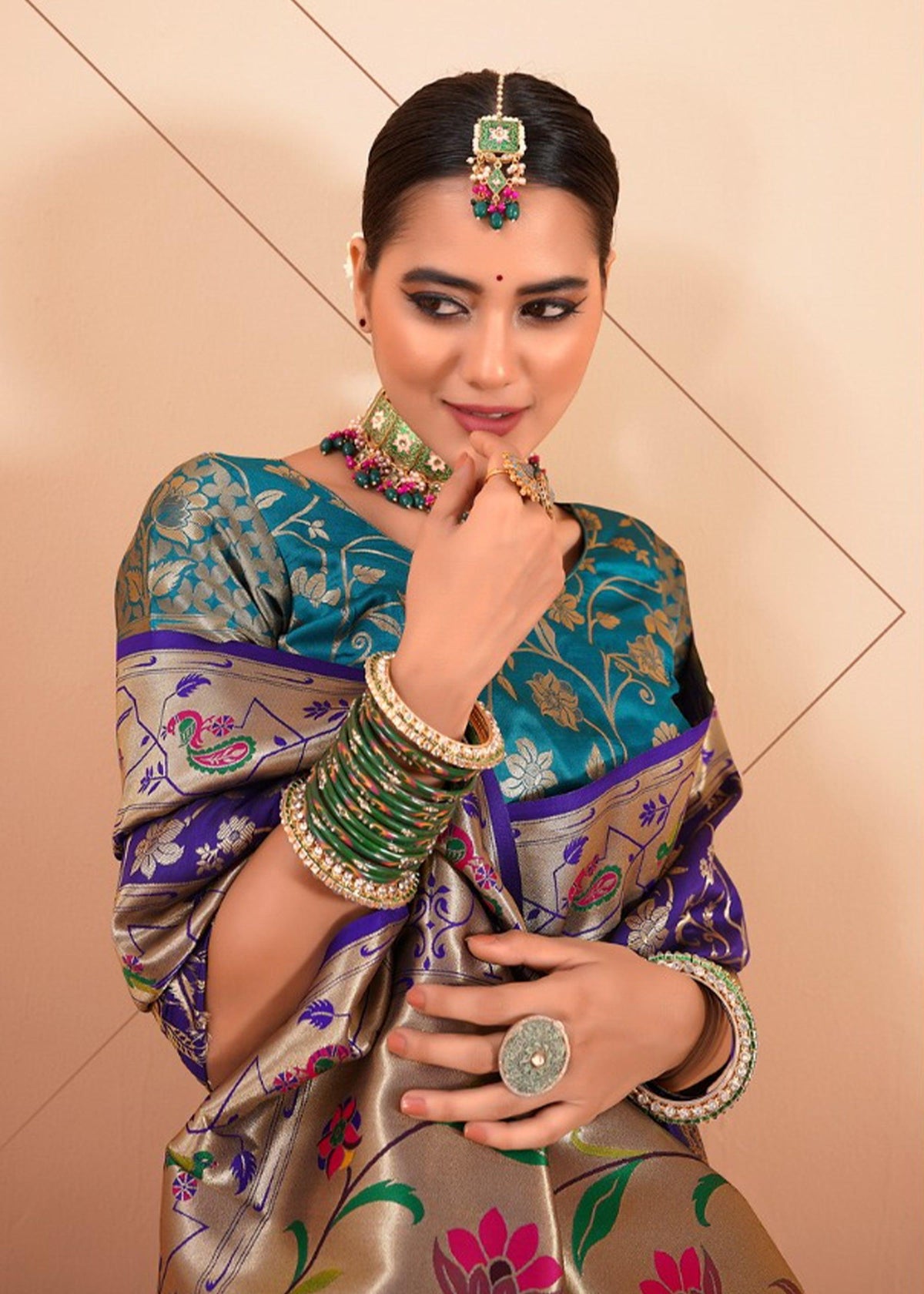 Iris Purple Woven Paithani Silk Saree With Contrast Blouse