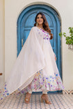 Ivory Floral Printed Organza Anarkali Set With Dupatta