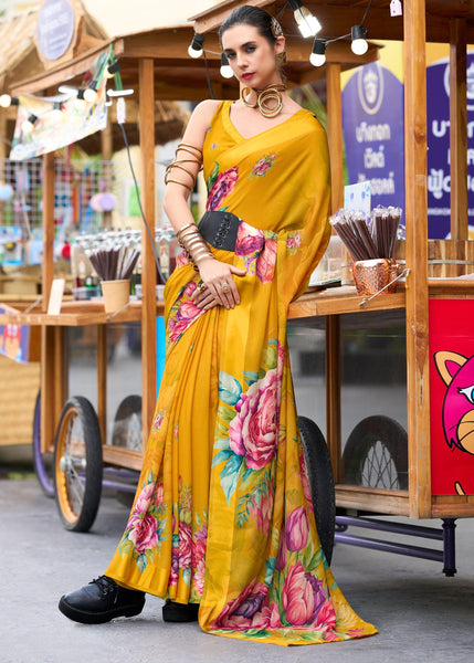 Golden Yellow Printed Georgette Saree
