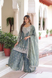 Designer Fendi Silk Kurti Sharara Set With Coding Sequins Embroidery