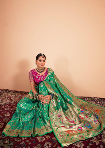 Ming Green Woven Paithani Silk Saree With Contrast Blouse