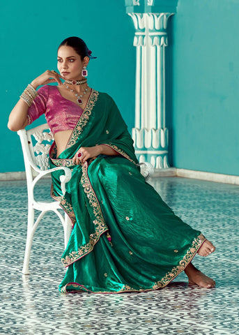 Alpine Green Designer Embroidered Silk Saree With Contrast Blouse