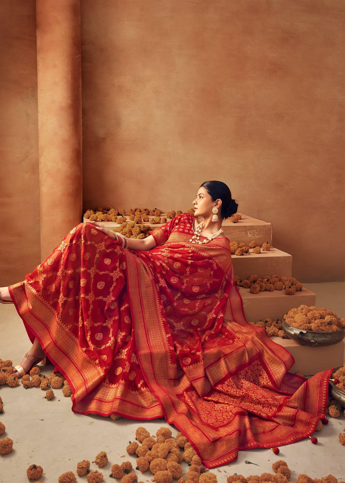 Bridal Red Printed Georgette Silk Saree
