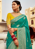 Aqua Green Woven Banarasi Designer Silk Saree With Embroidered Blouse