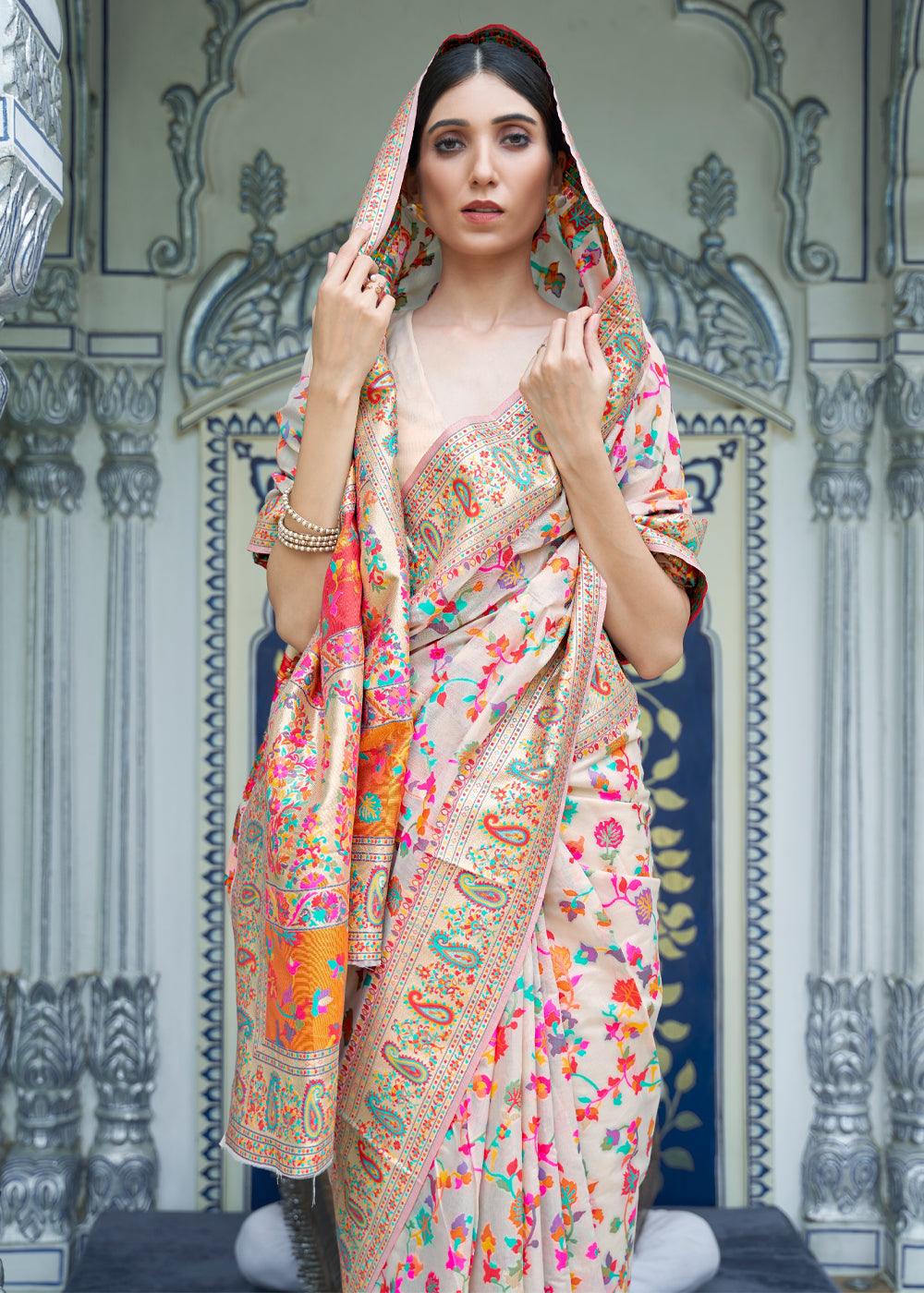 Multicolour White Woven Jamewar Banarasi Saree