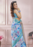 Angel Blue Woven Banarasi Cotton Silk Saree With Digital Print